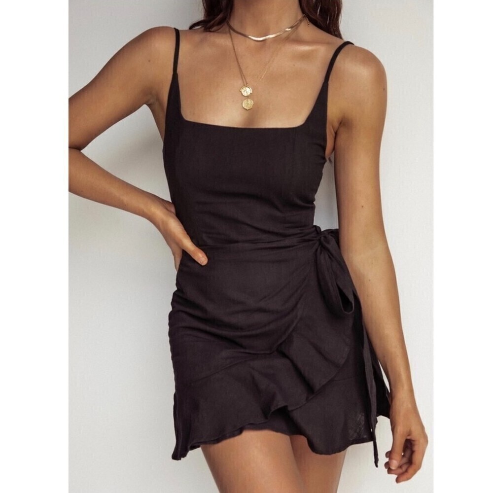 NEW Princess Polly Love Lane Square Neck Wrap Front Ruffled Mini Dress Black 8